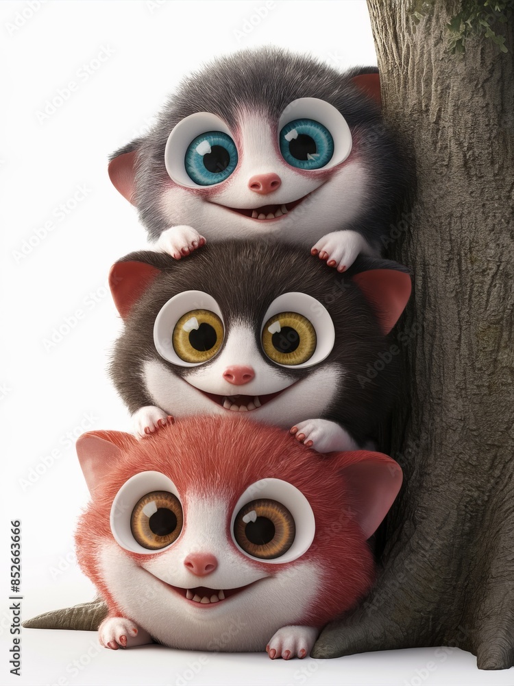 Three small furry animals are sitting on top of each other, AI Three small furry animals are sitting on top of each other, AI