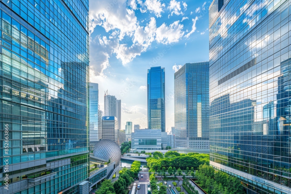 Obraz premium skyscraper buildings in business district downtown of a big city on sunny day
