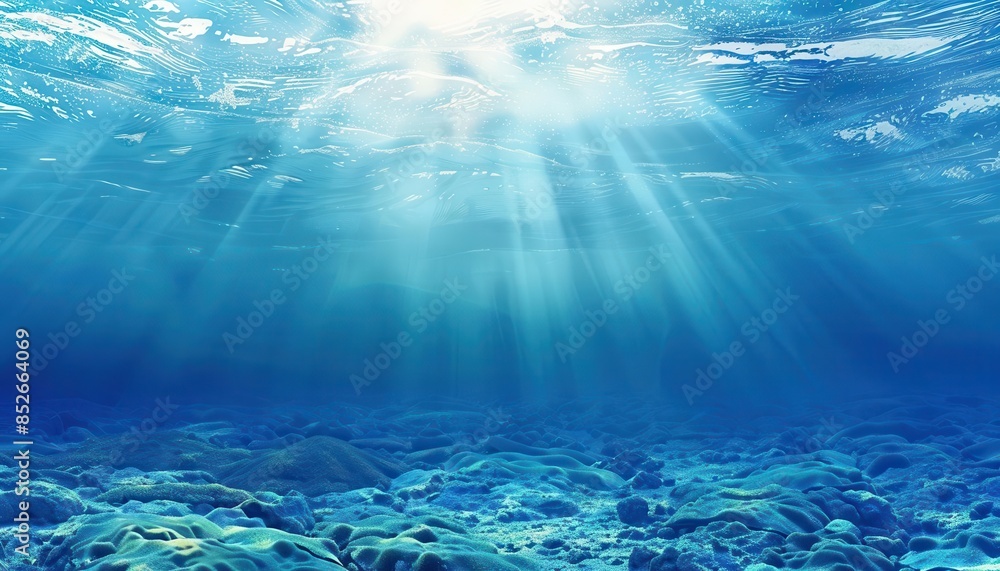underwater scene with sunlight rays and blue sea ocean banner background 3d illustration underwater scene with sunlight rays and blue sea ocean banner background 3d illustration