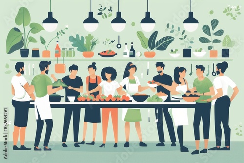 Fototapeta Naklejka Na Ścianę i Meble -  diverseyoung trendy people at culinary class flat illustration