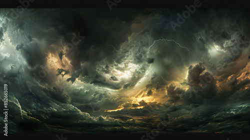 Majestic panoramic view of a thunderstorm with lightning and a vivid sunset photo