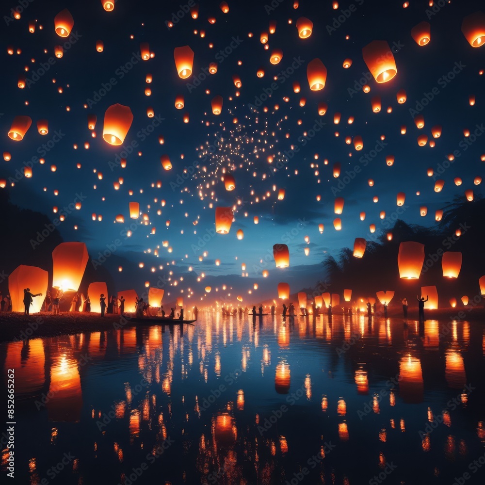 Obraz premium Stunning scene of numerous lanterns floating and illuminating the night sky over a calm body of water, creating a magical and serene atmosphere. Reflections enhance the beauty of the glowing lanterns