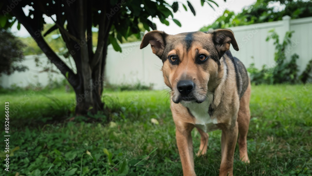 A dog standing in the grass looking at something off camera, AI A dog standing in the grass looking at something off camera, AI