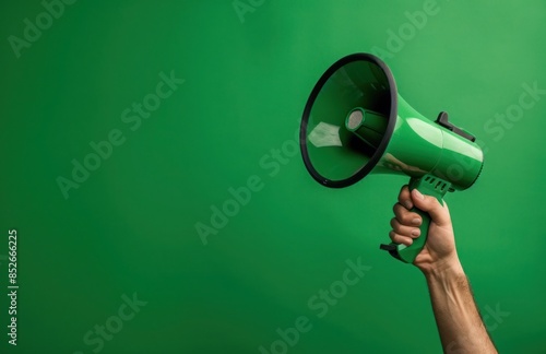 Vibrant green megaphone gripped firmly by an outstretched hand against a bold green background exuding dynamic energy and urgency