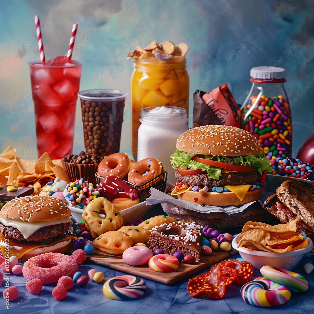 Fototapeta  closeup picture of  many junk foods like burger, sandwiches, aerated drinks and desserts on a table. Concept of un healthy food and lifestyle
