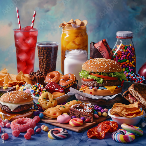  closeup picture of  many junk foods like burger, sandwiches, aerated drinks and desserts on a table. Concept of un healthy food and lifestyle