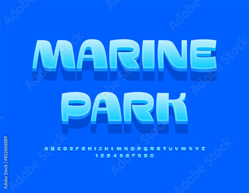 Vector creative banner Marine Park. Elegant Blue Font. Modern Trendy Alphabet Letters and Numbers set