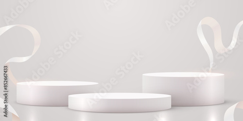 Abstract scene background. Cylinder podium background with ribbons. Product presentation, mock up, show cosmetic product, Podium, stage pedestal or platform.