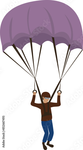 Flat isolated skydiver flying with a parachute. Cartoon parachutist illustration vector.