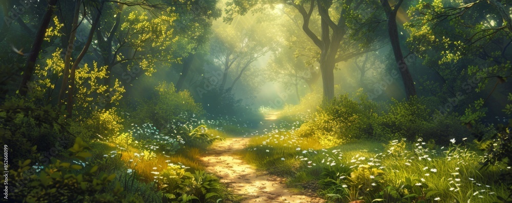 Obraz premium Sunlit path through a lush forest