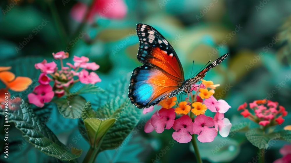 Vibrant Butterfly Resting on Colorful Flowers in a Lush Garden with a Dreamy Atmosphere, Highlighting Natural Beauty and Tranquility Vibrant Butterfly Resting on Colorful Flowers in a Lush Garden with a Dreamy Atmosphere, Highlighting Natural Beauty and Tranquility