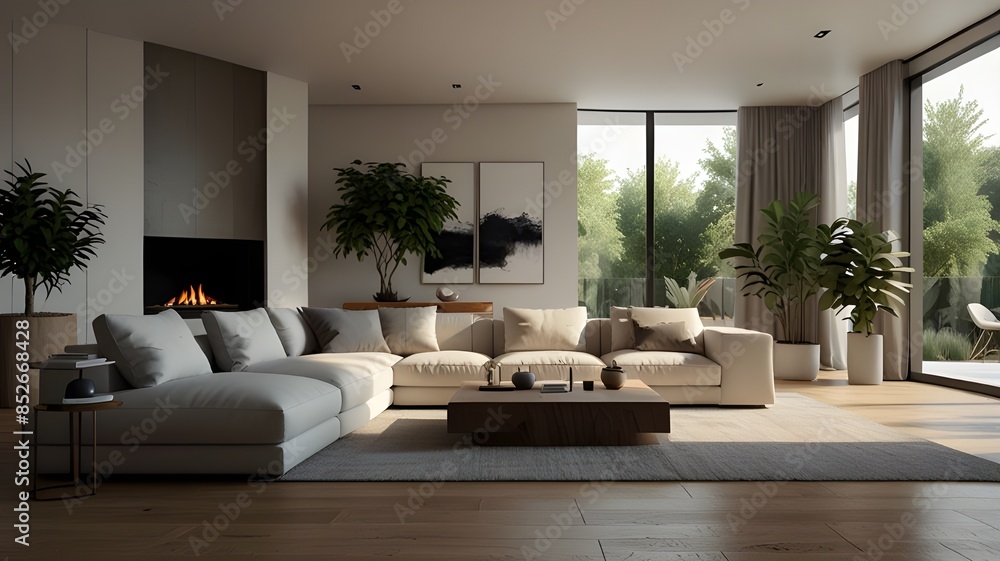 Fototapeta premium Minimalist living room interior design, relaxation and dining, wooden textures and indoor plants.