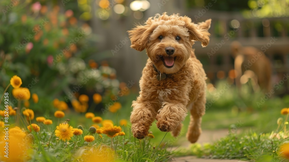 A golden doodle runs through a lush garden filled with yellow flowers on a sunny summer day A golden doodle runs through a lush garden filled with yellow flowers on a sunny summer day