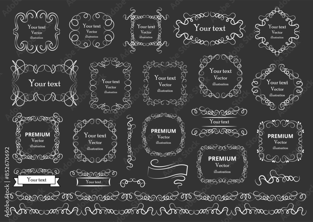 Big set of vector graphic elements for design. Decorative swirls or scrolls, vintage frames , flourishes, labels and dividers. Retro vector illustration Big set of vector graphic elements for design. Decorative swirls or scrolls, vintage frames , flourishes, labels and dividers. Retro vector illustration