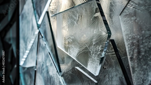 Close-up of a modern art window, geometric shapes in glass, soft daylight, detailed texture, high detail, contemporary design.