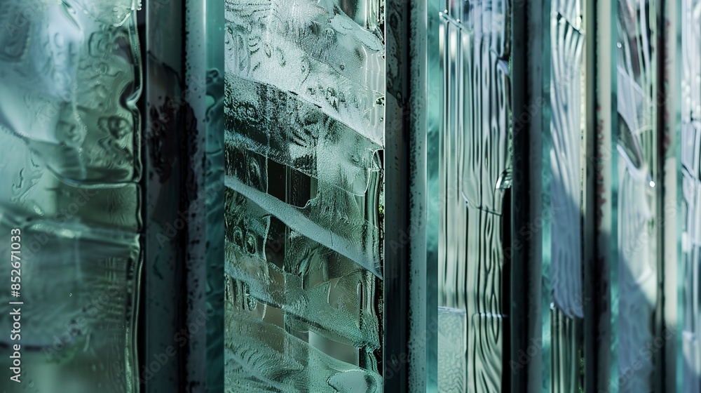 Naklejka premium Window with layered glass, close-up, textured patterns, natural light, high detail, artistic depth, contemporary style. 