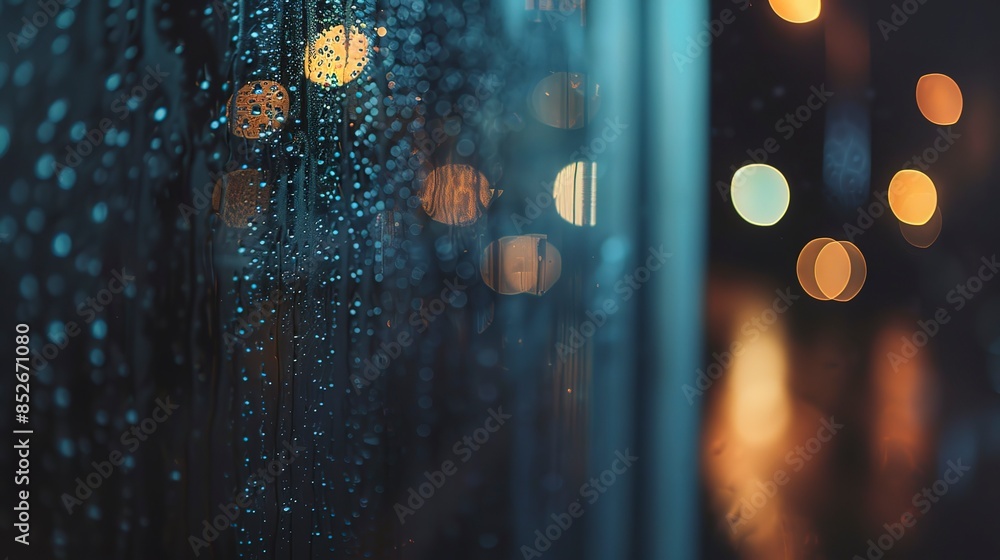 Obraz premium Nighttime window view, close-up, raindrops on glass, blurred streetlights, soft glow, detailed texture, macro shot. 