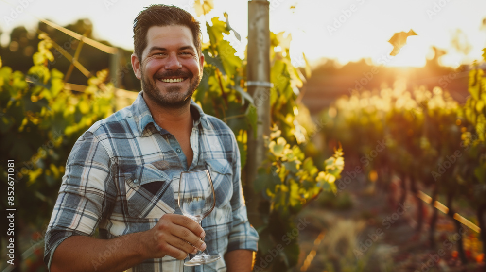 Obraz premium Smiling winemaker man with a glass of red wine in the vineyard