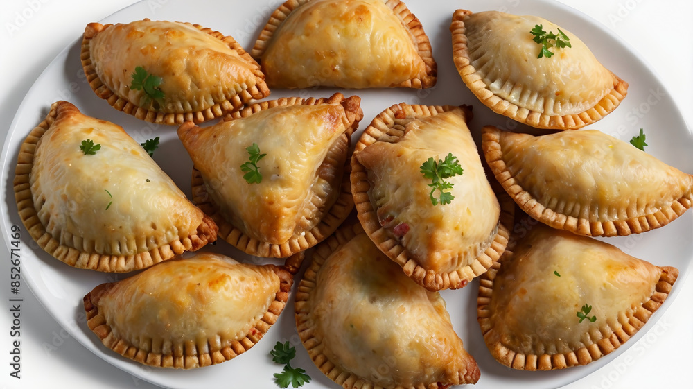 Delicious serving of golden empanadas filled with seasoned minced beef, crispy beef empanadas on a decorative plate, plate of crispy fried empanadas full of beef. Delicious serving of golden empanadas filled with seasoned minced beef, crispy beef empanadas on a decorative plate, plate of crispy fried empanadas full of beef.