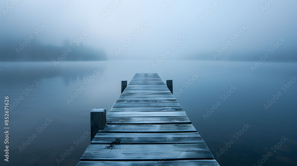 Fototapeta premium A secluded wooden pier extending into a misty lake at dawn inviting quiet reflection and solitude.
