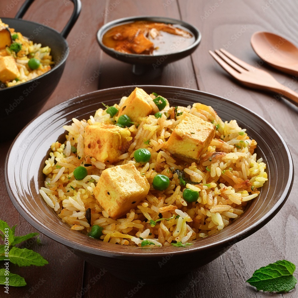 Indian popular healthy cuisine vegetarian paneer pulao or panir pulav Indian popular healthy cuisine vegetarian paneer pulao or panir pulav