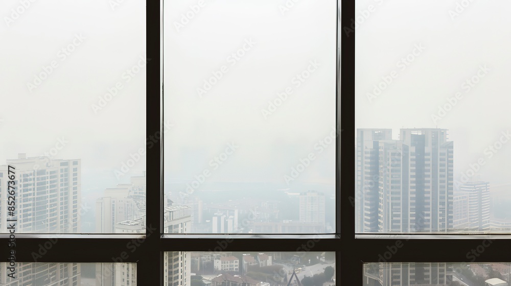 Fototapeta premium Close-up of a window with smog outside, cityscape view, overcast light, detailed texture, high resolution, air pollution.