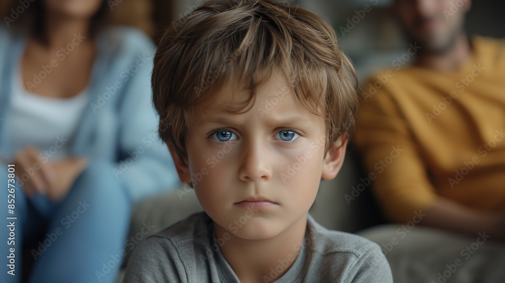 portrait of sad little son frustrated with psychological. tired of parents . problem caused by family problems her father and mother portrait of sad little son frustrated with psychological. tired of parents . problem caused by family problems her father and mother
