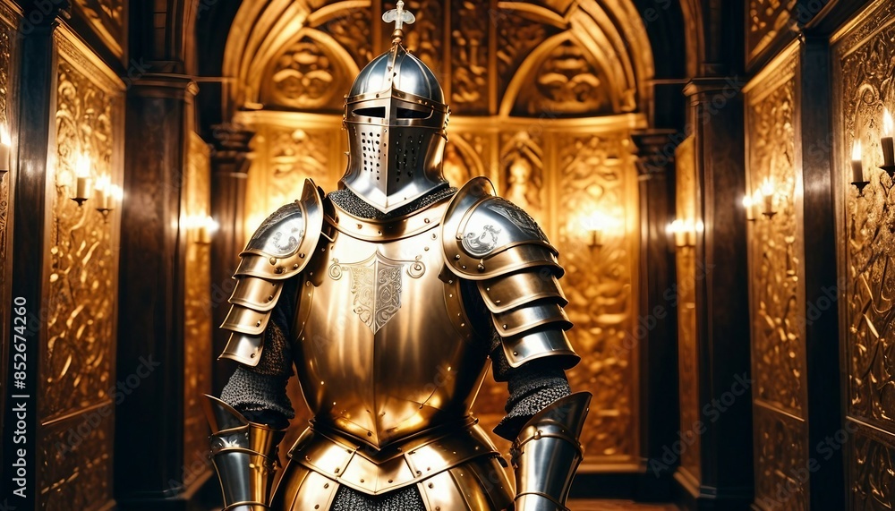 medieval knight's armor at the a castle museum.
medieval knight's armor at the a castle museum.