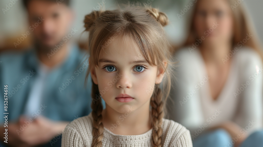 Obraz premium portrait of sad daughter frustrated with psychological. tired of parents . problem caused by family problems her father and mother 