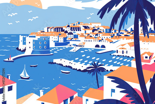 Risograph print travel poster illustration of Dubrovnik, Croatia, modern, isolated, clear, simple. Artistic, stylistic, screen printing, stencil, stencilled, graphic design. Banner, wallpaper photo