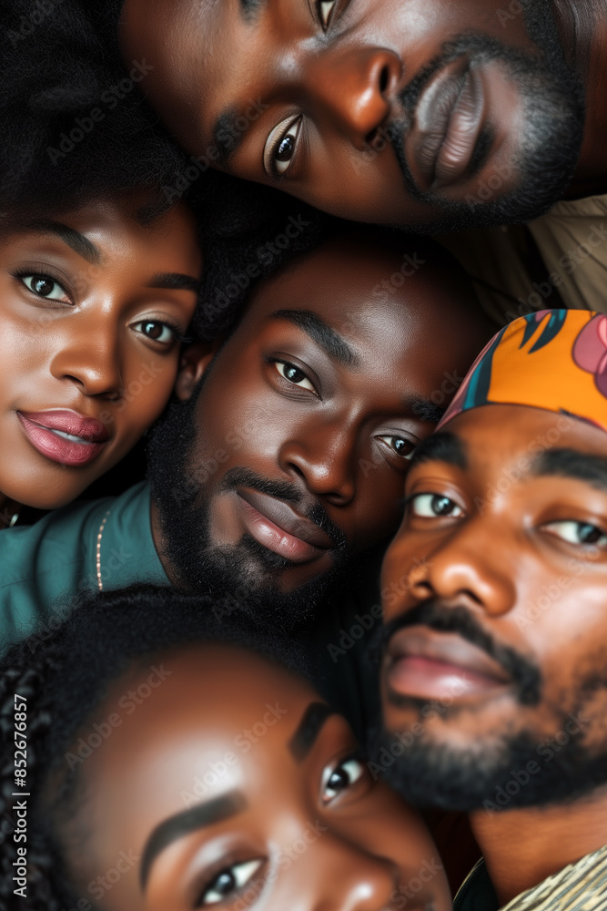 Close-up portrait of four African friends looking at camera. Generative AI image Close-up portrait of four African friends looking at camera. Generative AI image