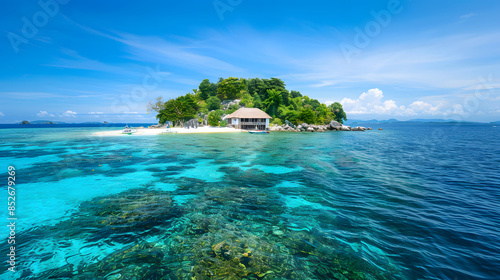 A small private island with a single cottage accessible only by boat surrounded by clear blue waters and vibrant marine life.