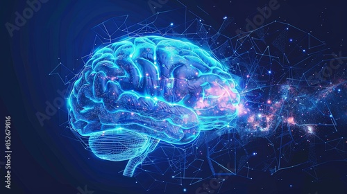 This image presents a visually striking digital brain with interconnected network nodes in a space-like blue background photo