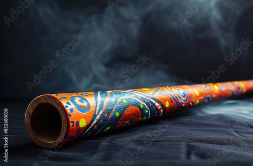 Colorful, detailed decorated didgeridoo with smoke background