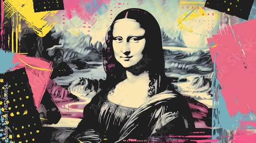 mona lisa painting with modern abstract collage art elements bright splashes of paint geometric shapes overlaying classic portrait photo