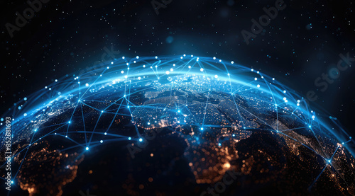 Fototapeta Naklejka Na Ścianę i Meble -  Abstract digital planet Earth with a global network and connectivity concept made of glowing dots, lines, or connections on a black background, blue frosted glass acrylic material. Generative AI.