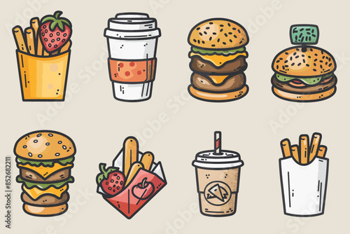 Fast food vector art illustration cartoon vector icon set. Pizza slice, taco, sandwich, roasted turkey, fried egg, french fries, paper cup, hamburger soft drinks  generated ai