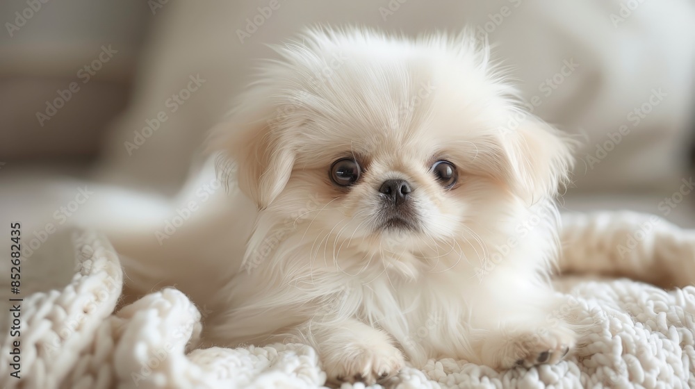 A small, white Pekingese puppy lies on a soft, white blanket, looking directly at the camera with big, curious eyes A small, white Pekingese puppy lies on a soft, white blanket, looking directly at the camera with big, curious eyes