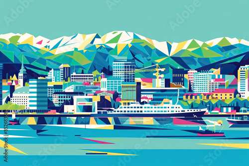  Risograph print travel poster illustration of Oslo, Norway, modern, isolated, clear, simple. Artistic, stylistic, screen printing, stencil, stencilled, graphic design. Banner, wallpaper