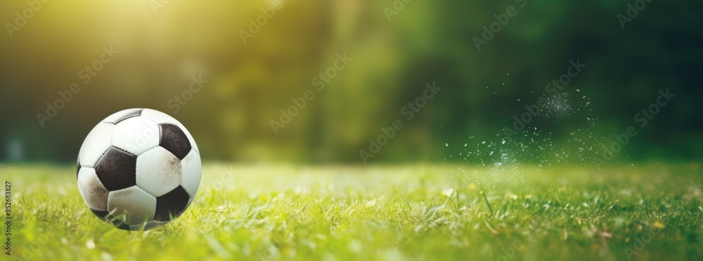Naklejka premium Soccer ball in the goal on a green grass background with copy space, football concept banner