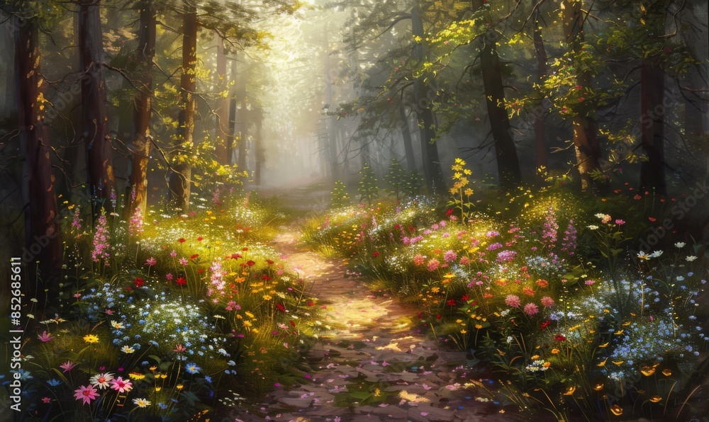Obraz premium Sunlit forest path with wildflowers