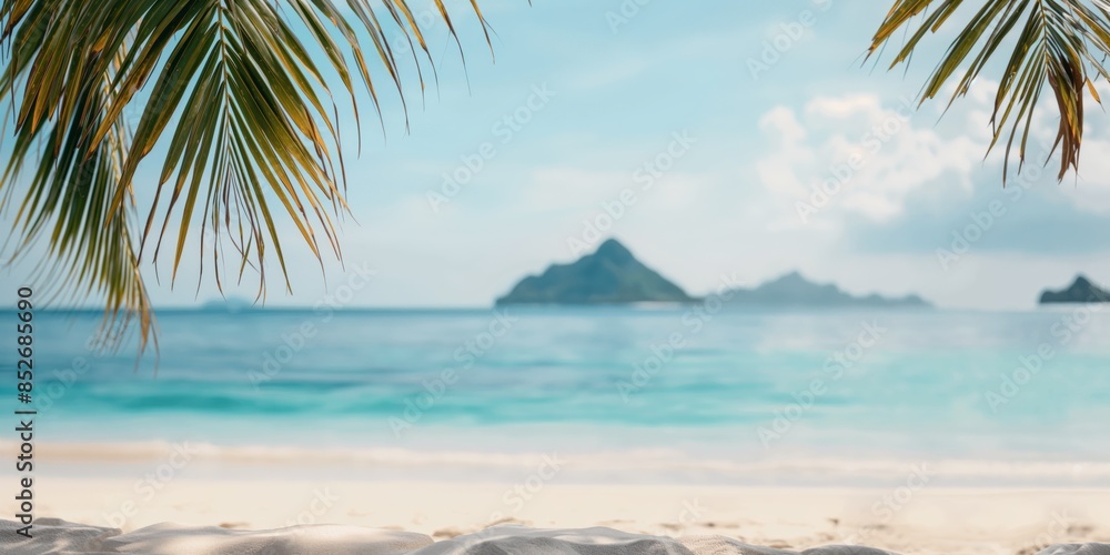 Serene Tropical Beach View Framed by Palm Leaves with Turquoise Ocean, Relaxing Getaway Serene Tropical Beach View Framed by Palm Leaves with Turquoise Ocean, Relaxing Getaway