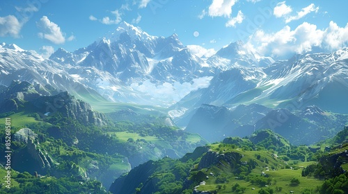 A stunning view of a mountain range with snow-capped peaks, lush green valleys, and a clear, blue sky.