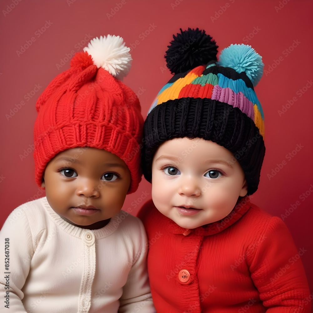 Multiple Color Child Multiethnic babies dressed in diverse colours on an isolated red ...