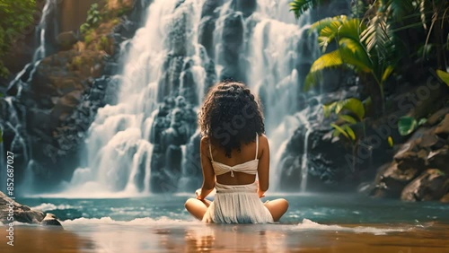 Back view of a beautiful young woman making yoga practice in front of a waterfall