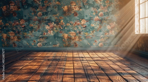 Wooden floor and wallpaper on wall photo