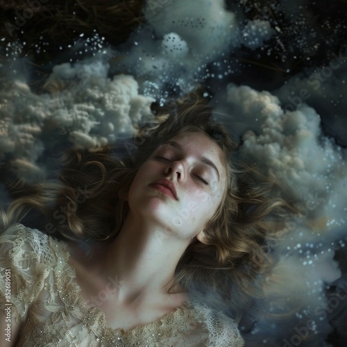 Dreamlike scene of a woman resting on a swing suspended in the sky with clouds and hot air balloons. Surreal and imaginative image capturing a sense of peace and wonder