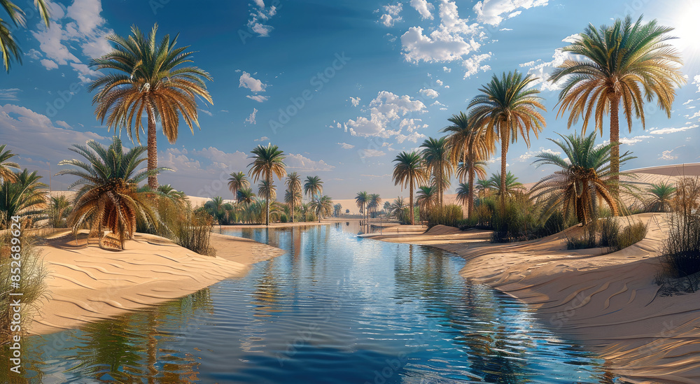 Fototapeta premium An oasis in the Arabian desert, more sand, less river and lake, more palm trees. Generative AI.