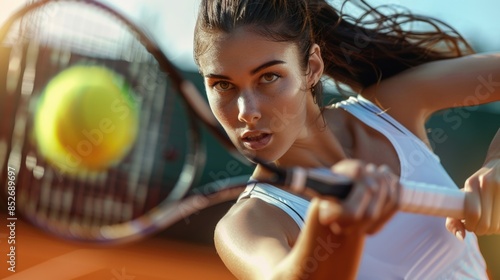 Woman playing tennis at the court and holding racket