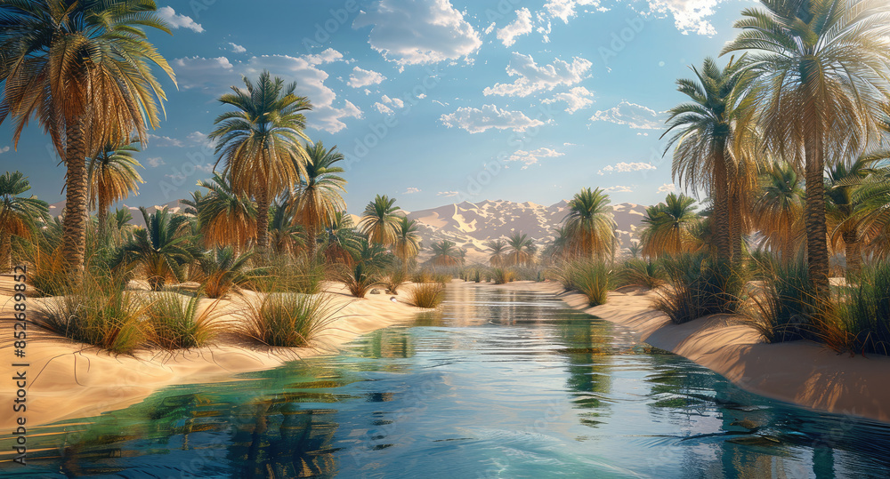 Fototapeta premium An oasis in the Arabian desert, more sand, less river and lake, more palm trees. Generative AI.
